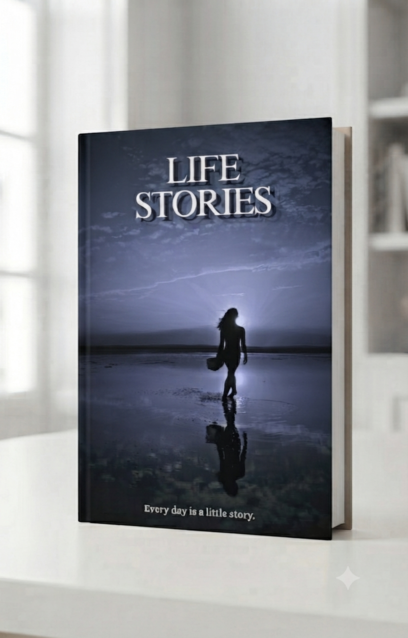 Realistic hardcover mockup of the Life Stories Midnight Edition Canva book cover template, deep navy and indigo tones, displayed on a white surface.
