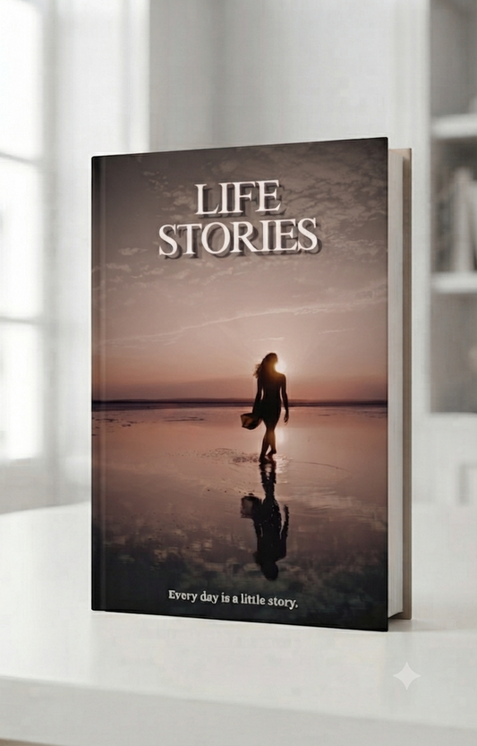 Realistic hardcover mockup of the Life Stories Sunset Edition Canva book cover template, warm amber and rose tones, displayed on a white surface.