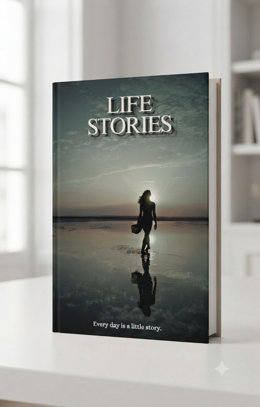 Life Stories Dawn Edition book cover template – silhouette of a woman walking on a reflective beach at dusk, with the tagline 'Every day is a little story.' Editable Canva memoir template.