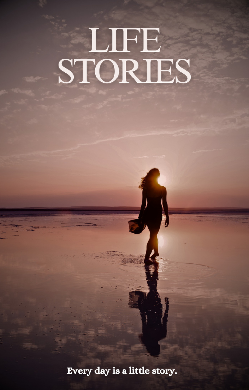 Life Stories Sunset Edition book cover template – silhouette of a woman walking on a reflective beach at golden sunset, with the tagline 'Every day is a little story.' Editable Canva memoir template.
