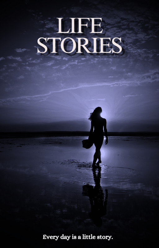 Life Stories Midnight Edition book cover template – silhouette of a woman walking on a reflective beach under a deep blue moonlit sky, with the tagline 'Every day is a little story.' Editable Canva memoir template.