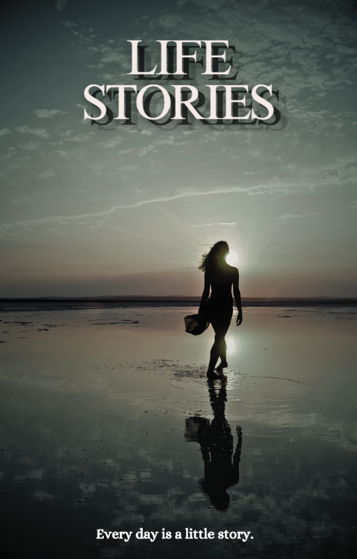 Life Stories Dawn Edition book cover template – silhouette of a woman walking on a reflective beach at dusk, with the tagline 'Every day is a little story.' Editable Canva memoir template.